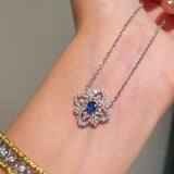 Italian Style Blue Sapphire Clover Necklace with Diamond Lace - floysun