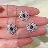 Italian Style Blue Sapphire Clover Necklace with Diamond Lace - floysun