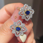 Italian Style Blue Sapphire Clover Stud Earrings with Diamond Lace - floysun