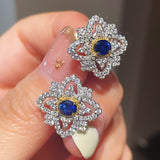 Italian Style Blue Sapphire Clover Stud Earrings with Diamond Lace - floysun