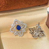 Italian Style Blue Sapphire Clover Stud Earrings with Diamond Lace - floysun