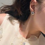 Italian Style Blue Sapphire Clover Stud Earrings with Diamond Lace - floysun