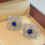 Italian Style Blue Sapphire Clover Stud Earrings with Diamond Lace - floysun