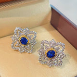 Italian Style Blue Sapphire Clover Stud Earrings with Diamond Lace - floysun