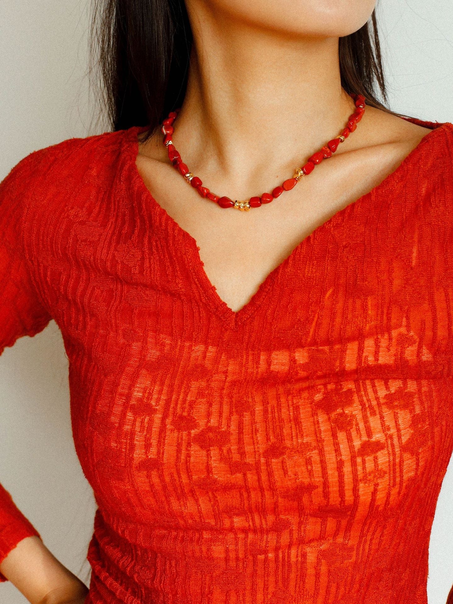 Joyful Red Stone Round Bead and Pearl Bead Beaded Necklace - floysun