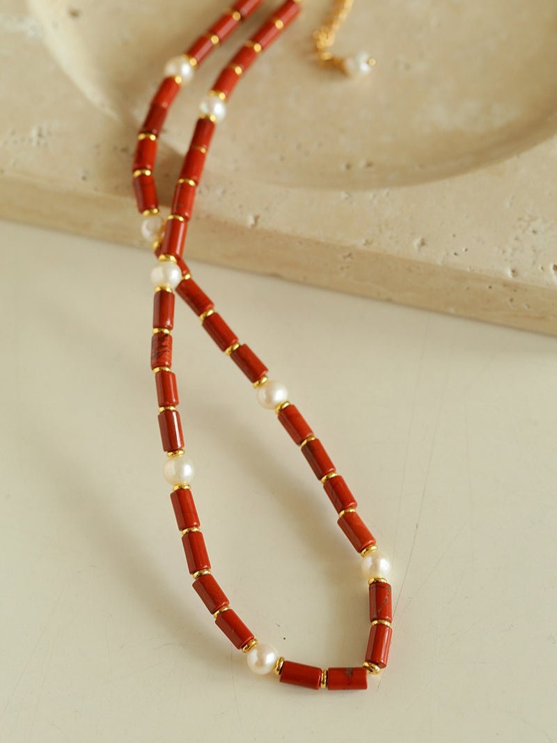 Joyful Red Stone Round Bead and Pearl Bead Beaded Necklace - floysun