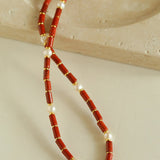 Joyful Red Stone Round Bead and Pearl Bead Beaded Necklace - floysun