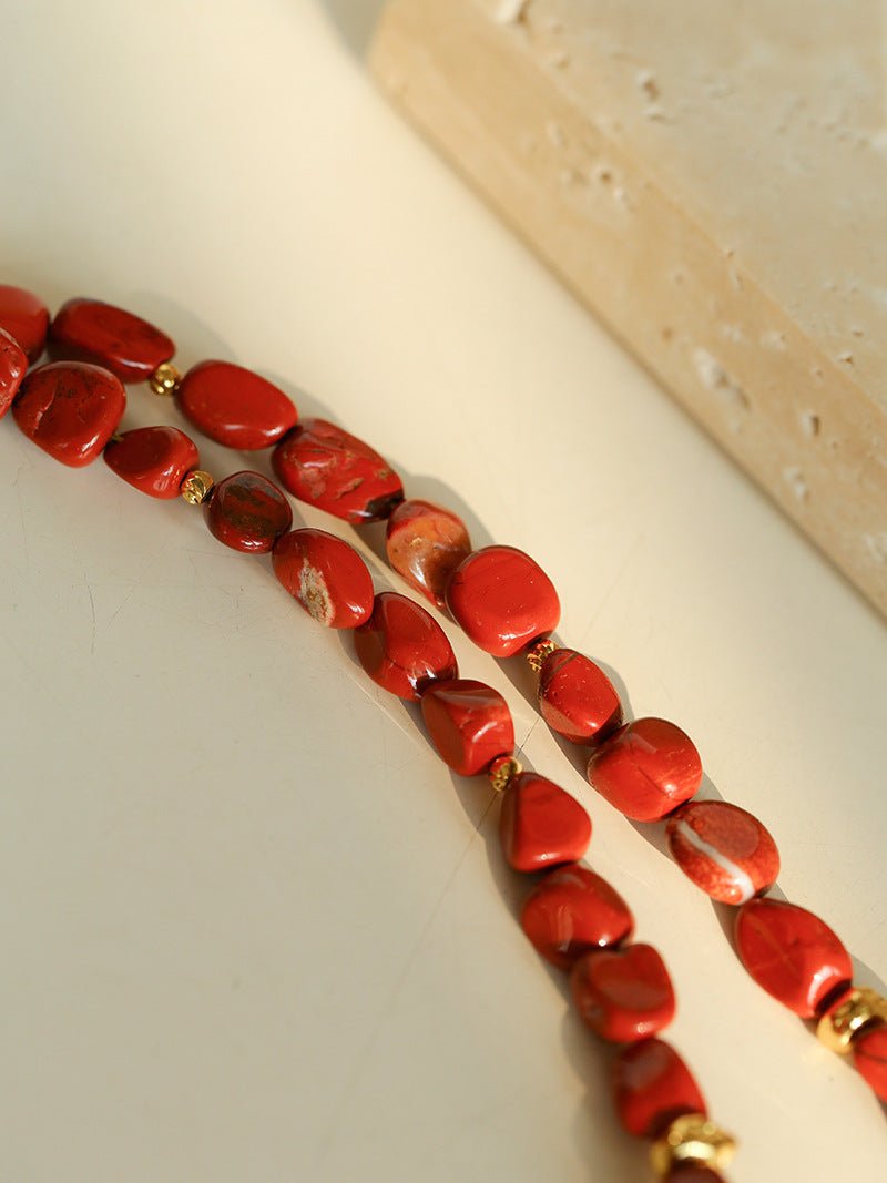 Joyful Red Stone Round Bead and Pearl Bead Beaded Necklace - floysun