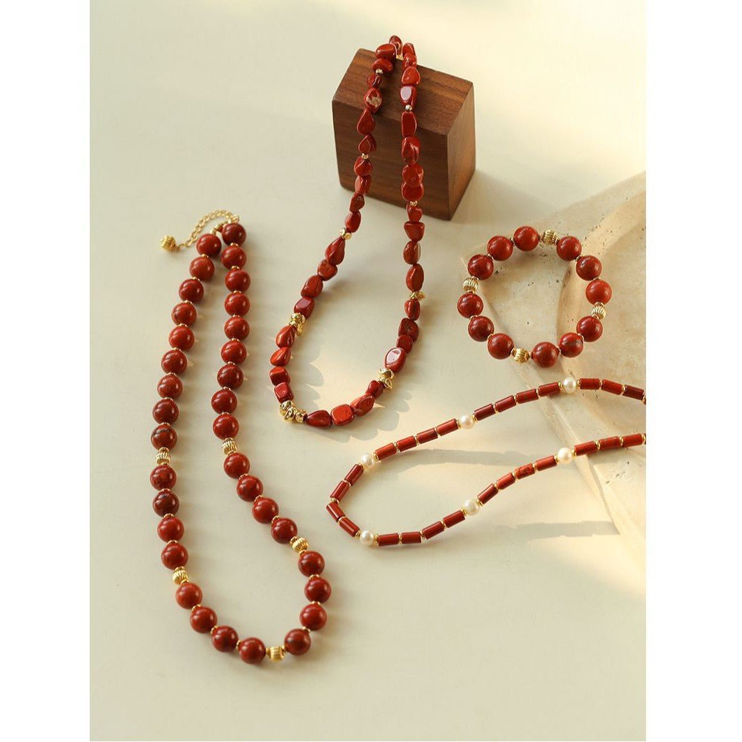 Joyful Red Stone Round Bead and Pearl Bead Beaded Necklace - floysun