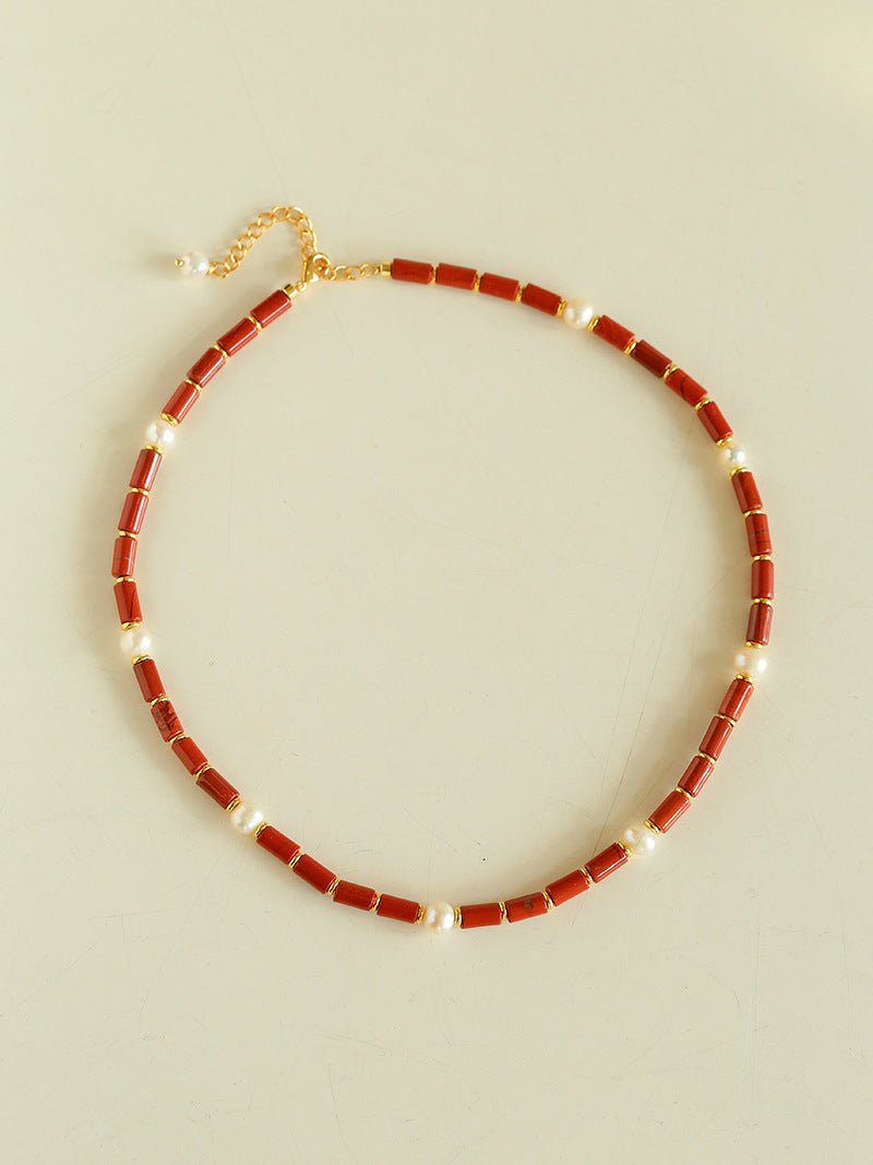 Joyful Red Stone Round Bead and Pearl Bead Beaded Necklace - floysun