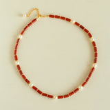 Joyful Red Stone Round Bead and Pearl Bead Beaded Necklace - floysun