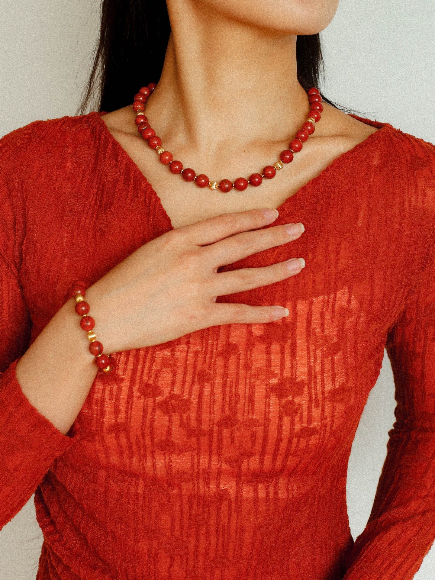 Joyful Red Stone Round Bead and Pearl Bead Beaded Necklace - floysun