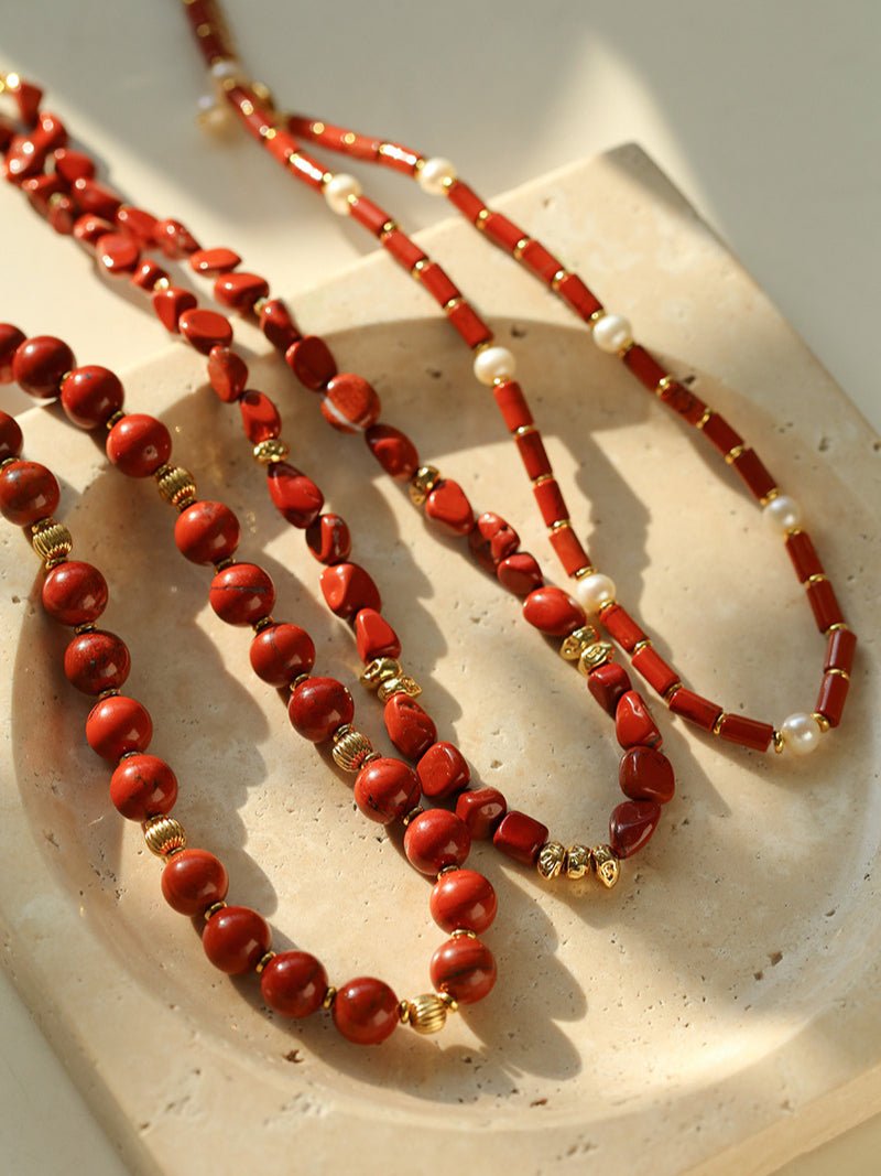 Joyful Red Stone Round Bead and Pearl Bead Beaded Necklace - floysun
