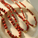 Joyful Red Stone Round Bead and Pearl Bead Beaded Necklace - floysun