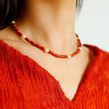 Joyful Red Stone Round Bead and Pearl Bead Beaded Necklace - floysun