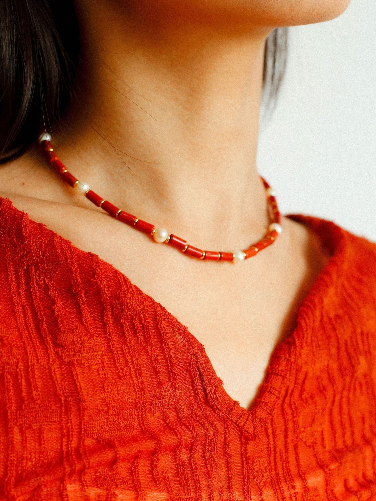 Joyful Red Stone Round Bead and Pearl Bead Beaded Necklace - floysun