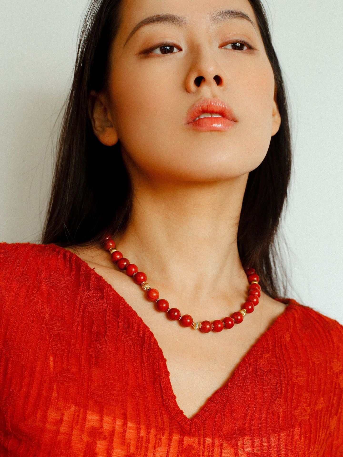 Joyful Red Stone Round Bead and Pearl Bead Beaded Necklace - floysun
