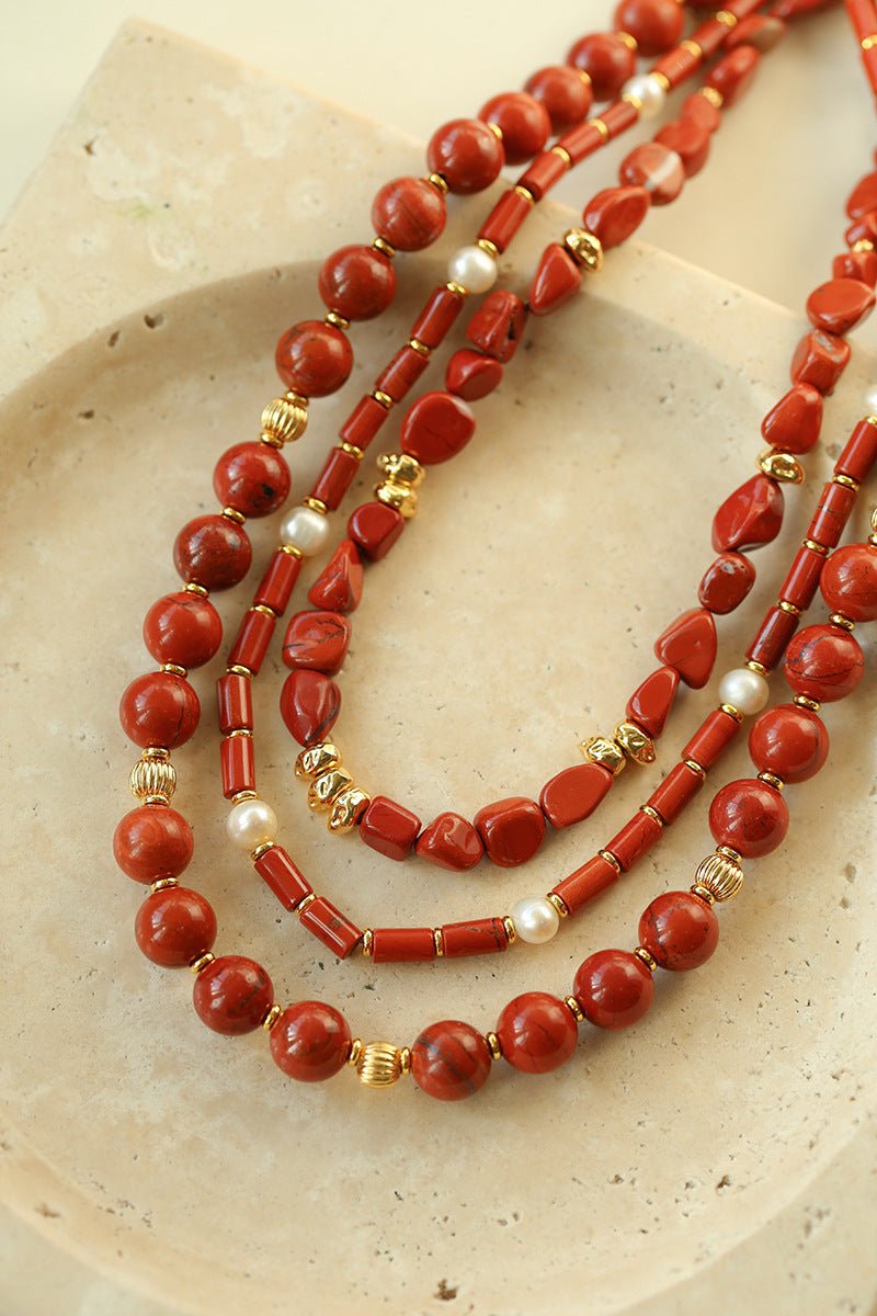 Joyful Red Stone Round Bead and Pearl Bead Beaded Necklace - floysun