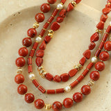 Joyful Red Stone Round Bead and Pearl Bead Beaded Necklace - floysun