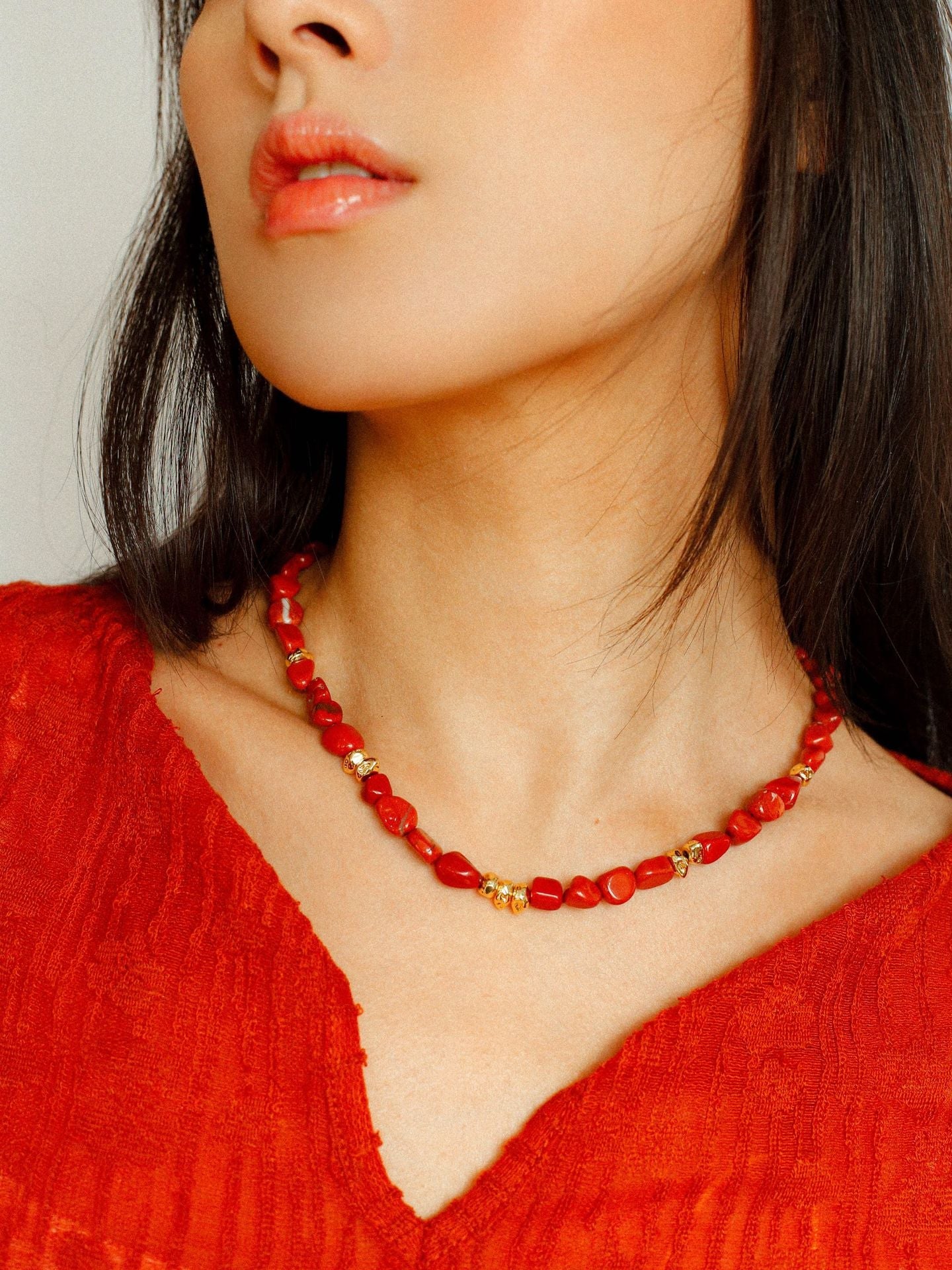 Joyful Red Stone Round Bead and Pearl Bead Beaded Necklace - floysun