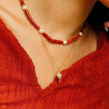 Joyful Red Stone Round Bead and Pearl Bead Beaded Necklace - floysun