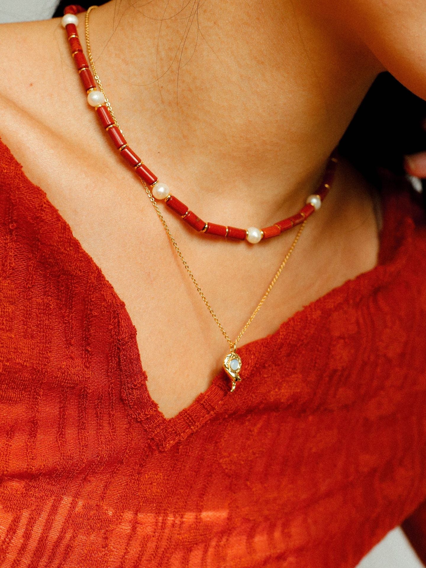 Joyful Red Stone Round Bead and Pearl Bead Beaded Necklace - floysun