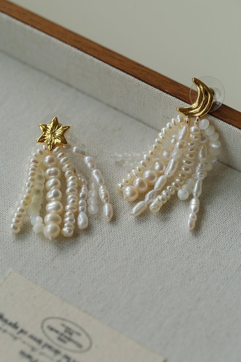 Kaguya Star & Moon Pearl Tassel Earrings - floysun