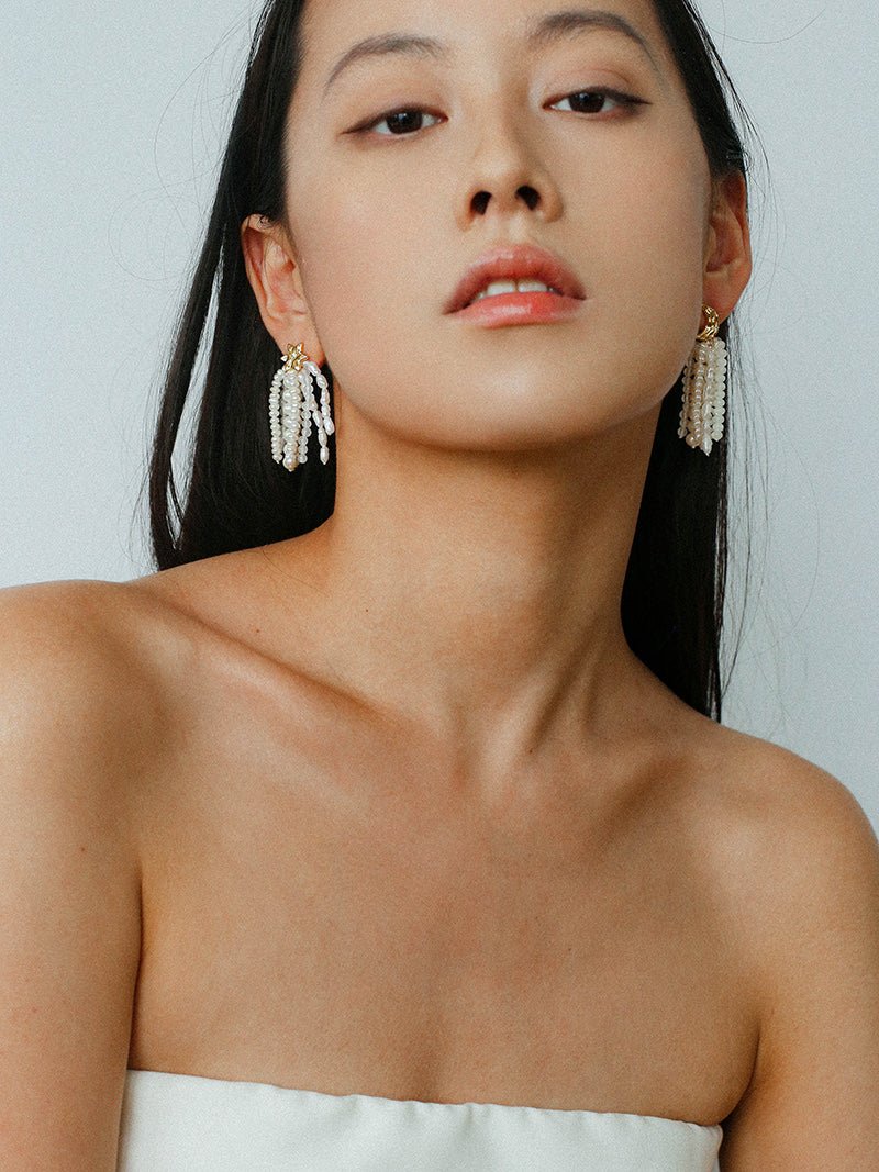 Kaguya Star & Moon Pearl Tassel Earrings - floysun