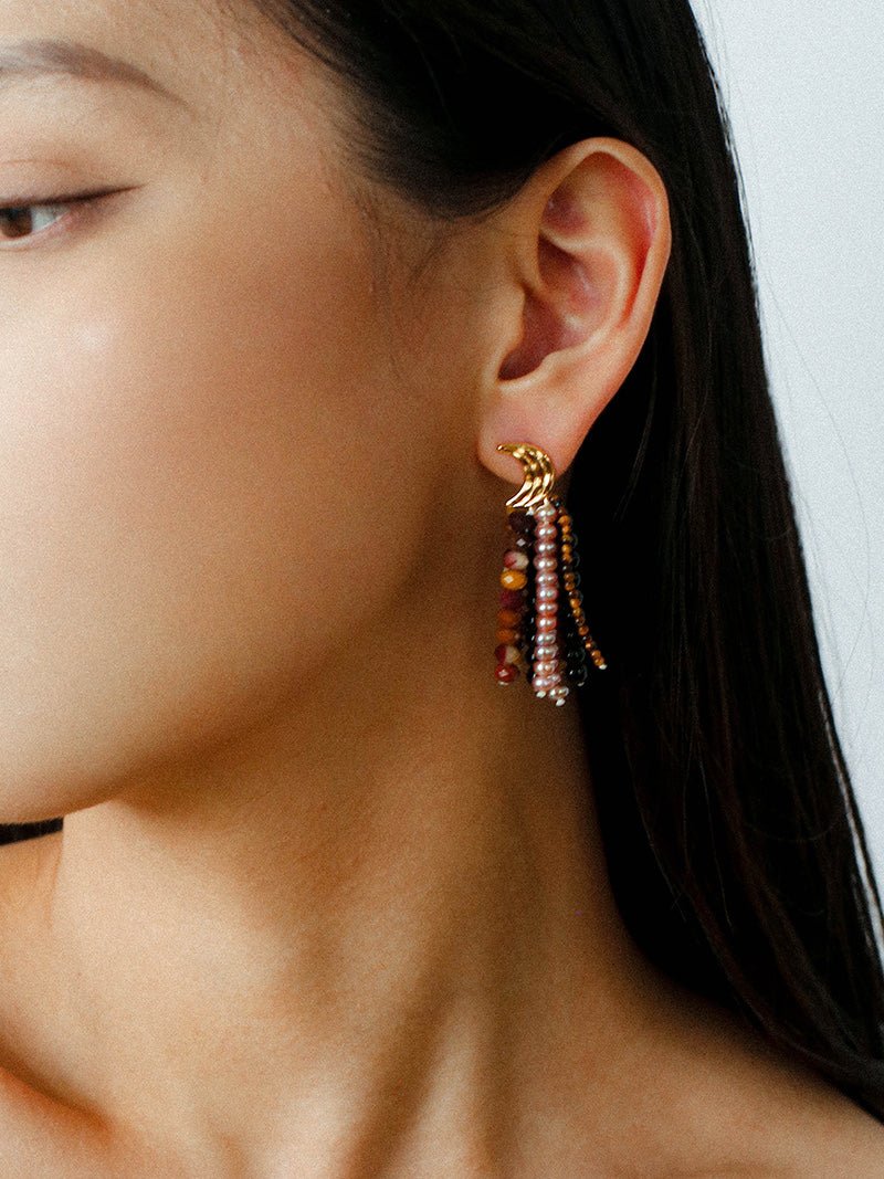 Kaguya Star & Moon Pearl Tassel Earrings - floysun