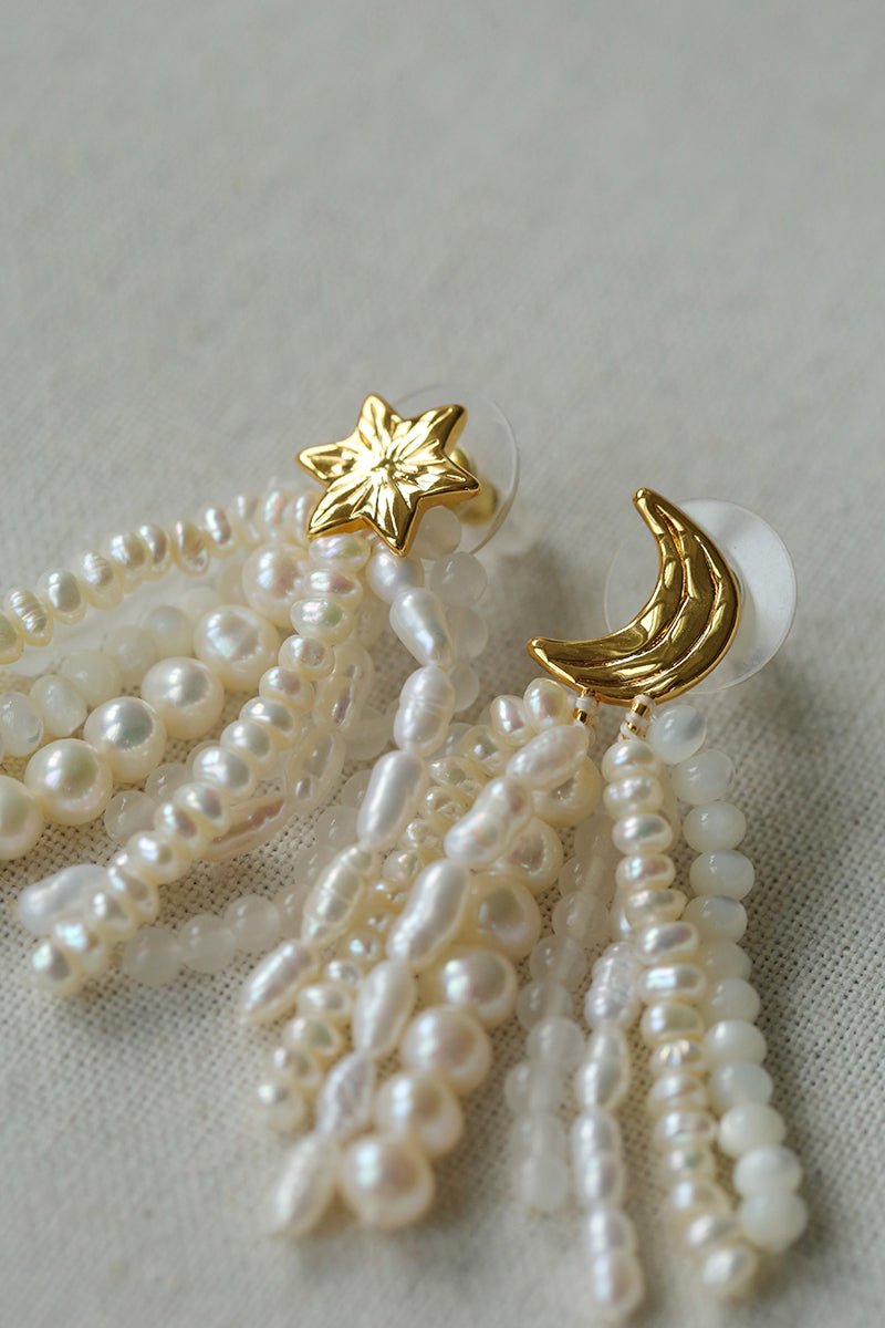 Kaguya Star & Moon Pearl Tassel Earrings - floysun