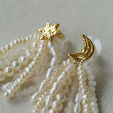 Kaguya Star & Moon Pearl Tassel Earrings - floysun