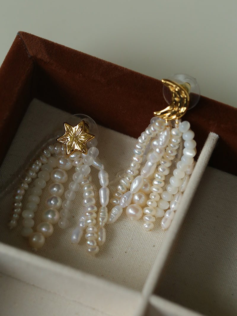 Kaguya Star & Moon Pearl Tassel Earrings - floysun