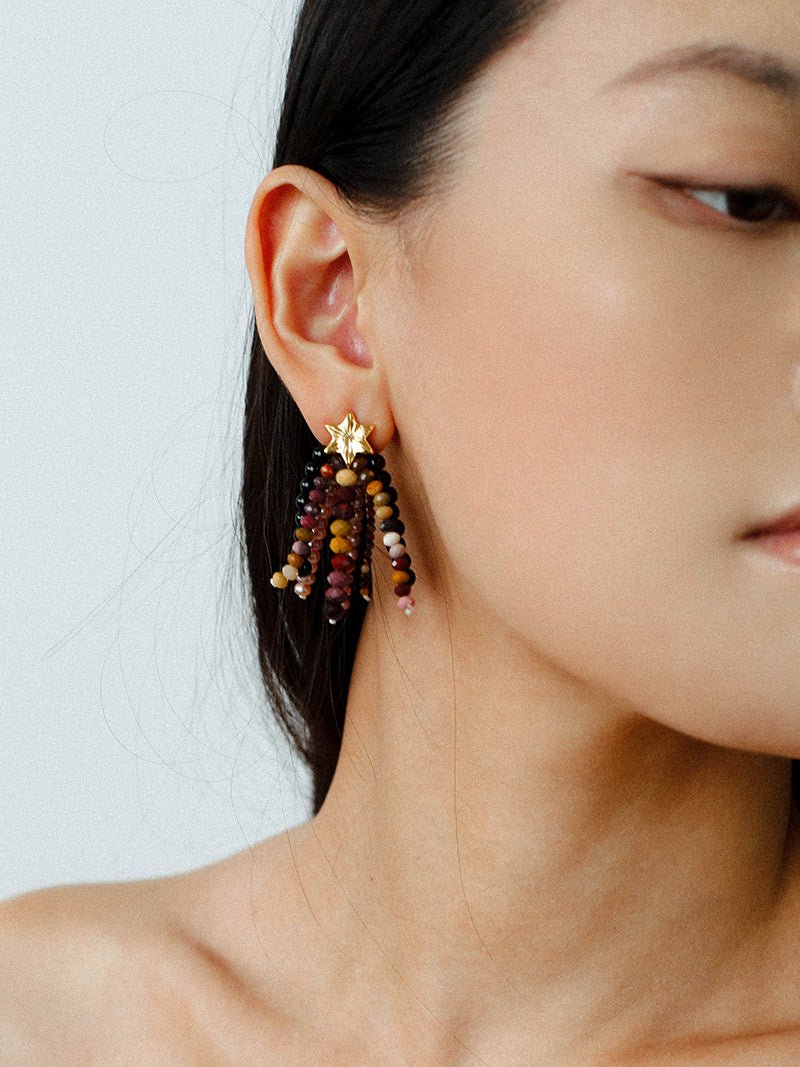 Kaguya Star & Moon Pearl Tassel Earrings - floysun
