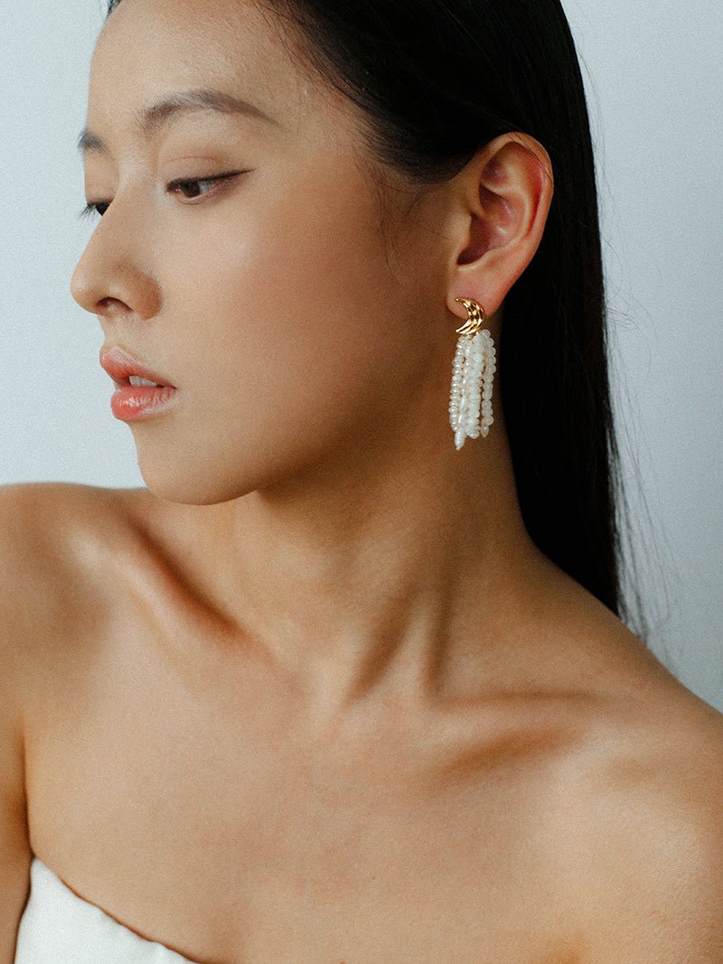 Kaguya Star & Moon Pearl Tassel Earrings - floysun