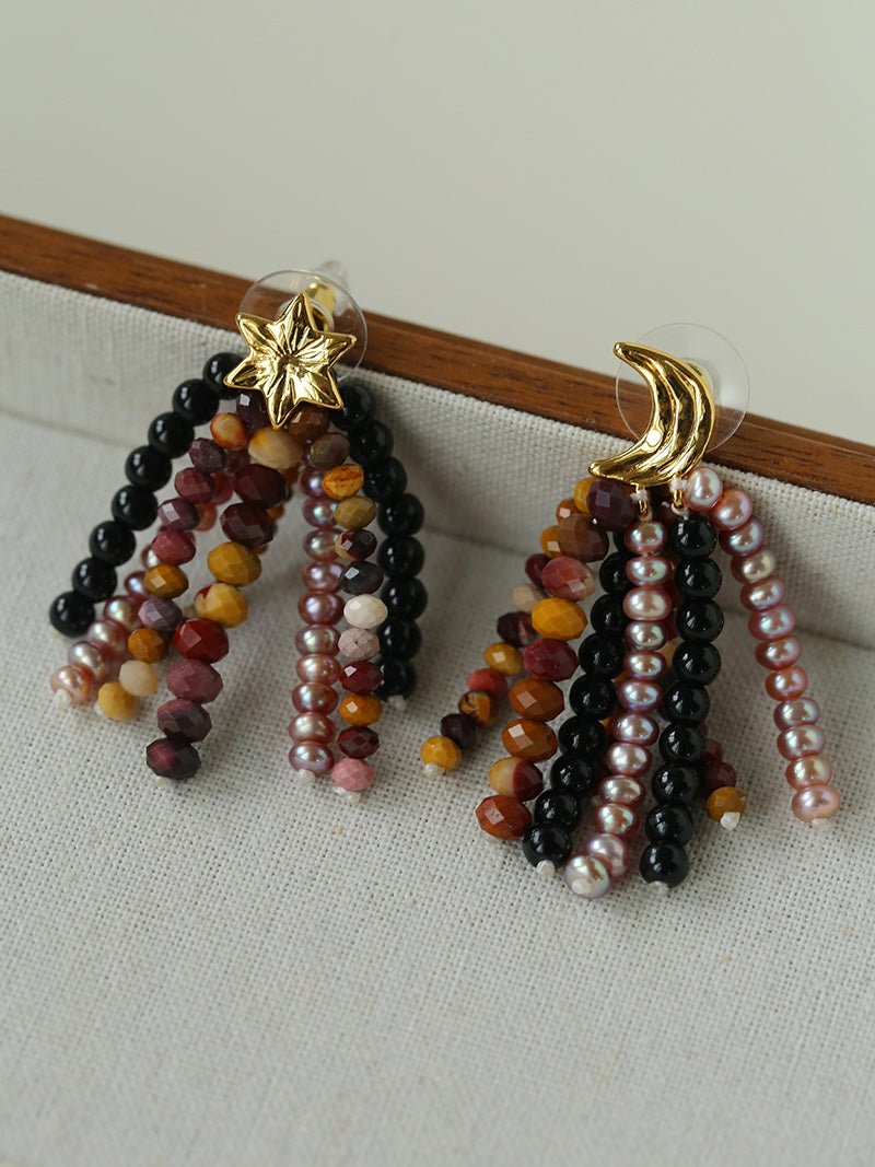 Kaguya Star & Moon Pearl Tassel Earrings - floysun