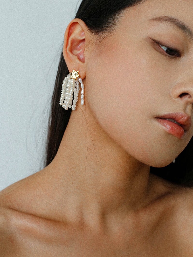 Kaguya Star & Moon Pearl Tassel Earrings - floysun