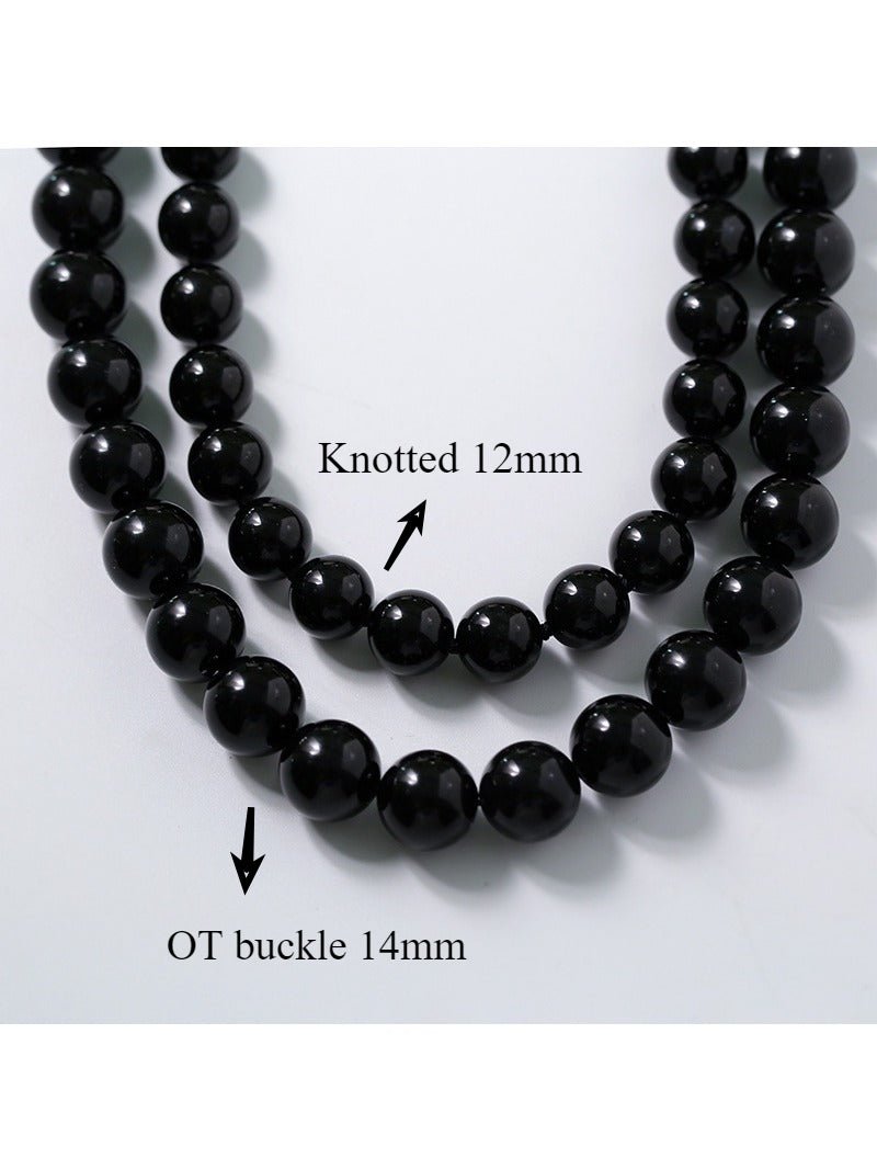 Knotted 12mm Black Onyx Beaded Necklace - floysun