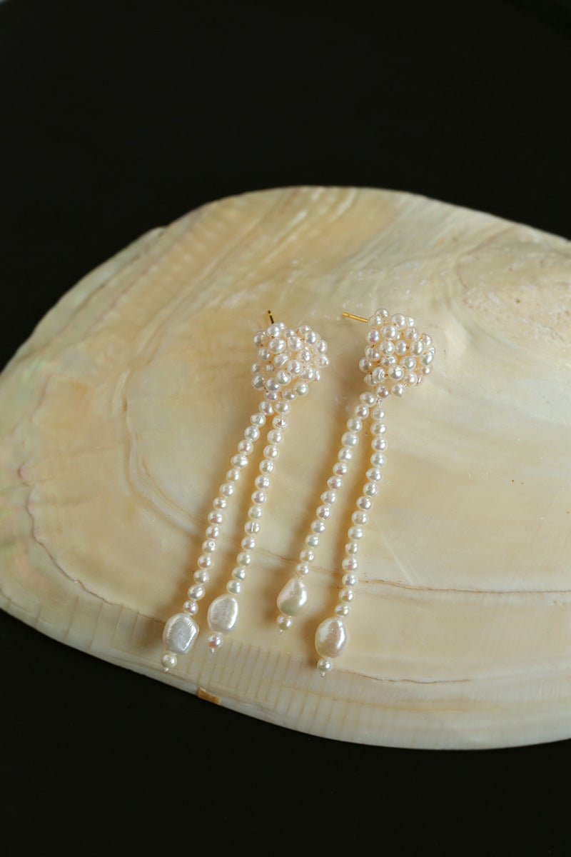 Knotted Weave Pearl Tassel Earrings - floysun