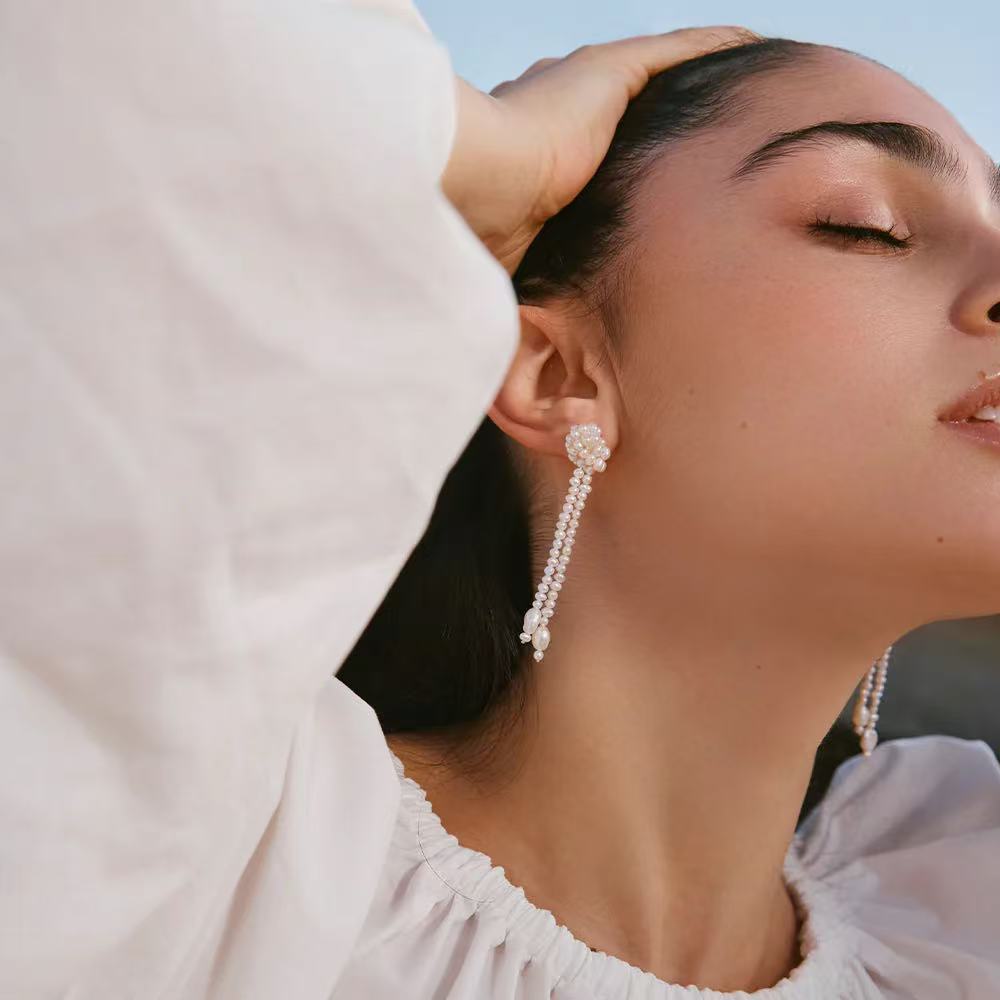 Knotted Weave Pearl Tassel Earrings - floysun