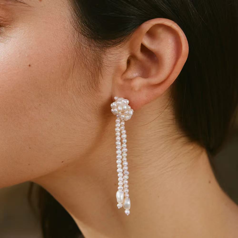 Knotted Weave Pearl Tassel Earrings - floysun