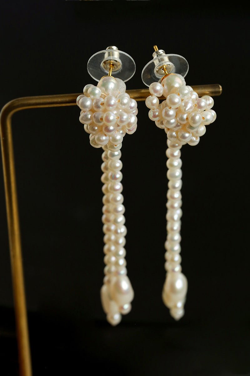 Knotted Weave Pearl Tassel Earrings - floysun