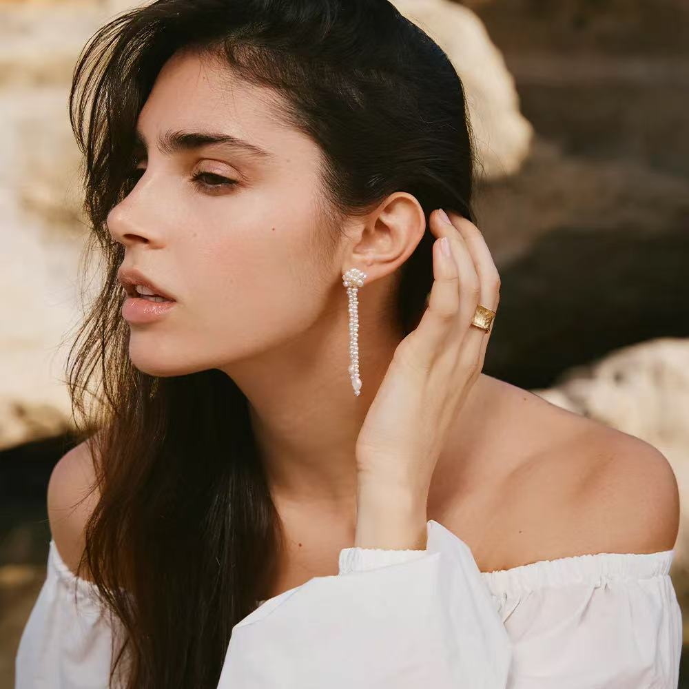 Knotted Weave Pearl Tassel Earrings - floysun