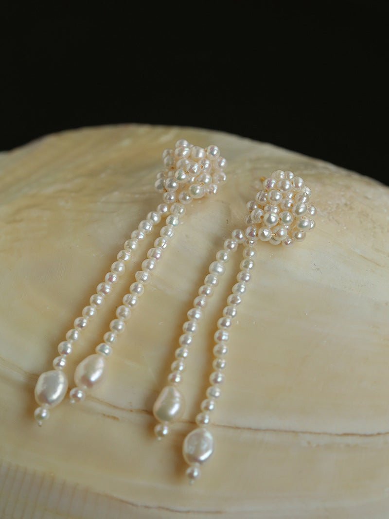 Knotted Weave Pearl Tassel Earrings - floysun