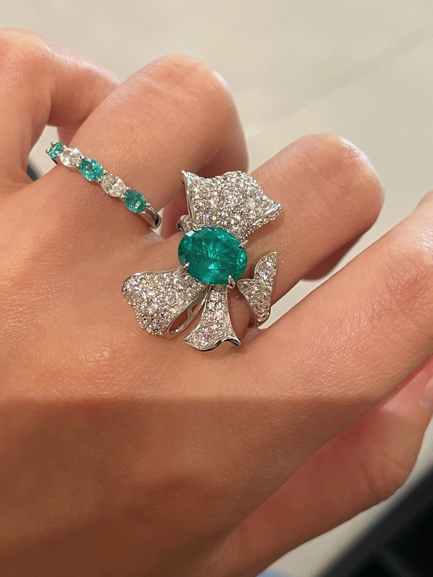 Lab - Created Paraiba & Diamond Bow Open Ring - floysun