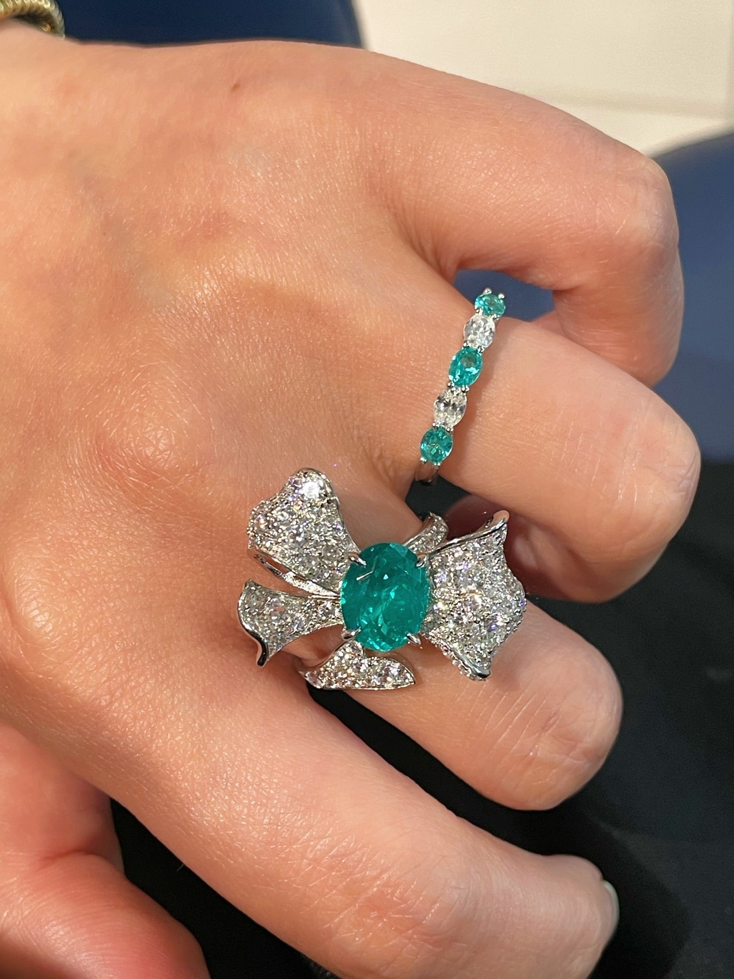 Lab - Created Paraiba & Diamond Bow Open Ring - floysun