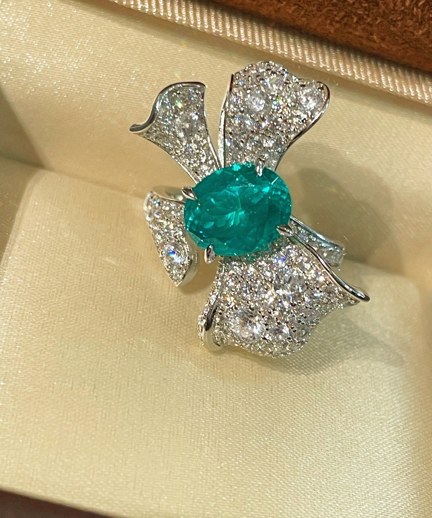 Lab - Created Paraiba & Diamond Bow Open Ring - floysun