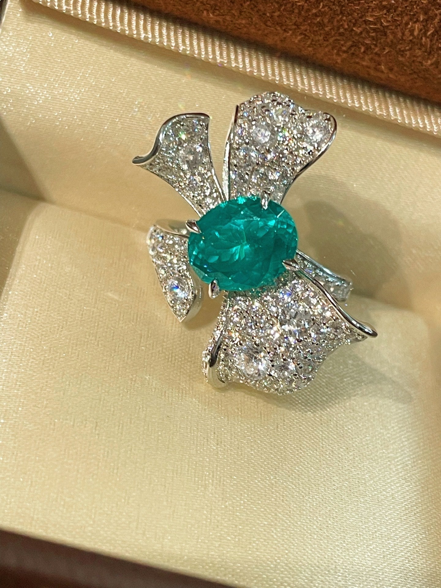 Lab - Created Paraiba & Diamond Bow Open Ring - floysun