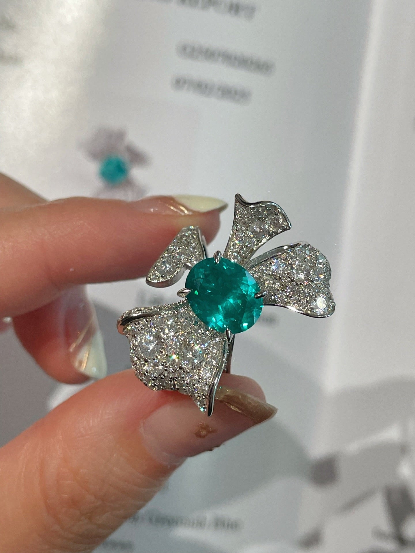 Lab - Created Paraiba & Diamond Bow Open Ring - floysun