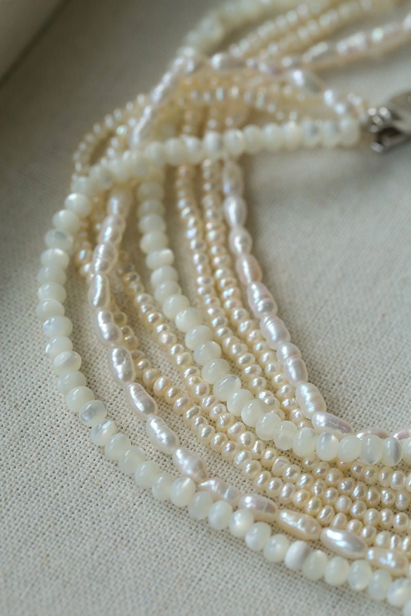 Layered Freshwater Pearl & Mother - of - Pearl Necklace with Baroque Centerpiece - floysun