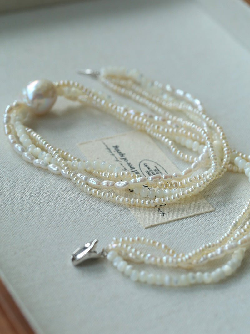 Layered Freshwater Pearl & Mother - of - Pearl Necklace with Baroque Centerpiece - floysun